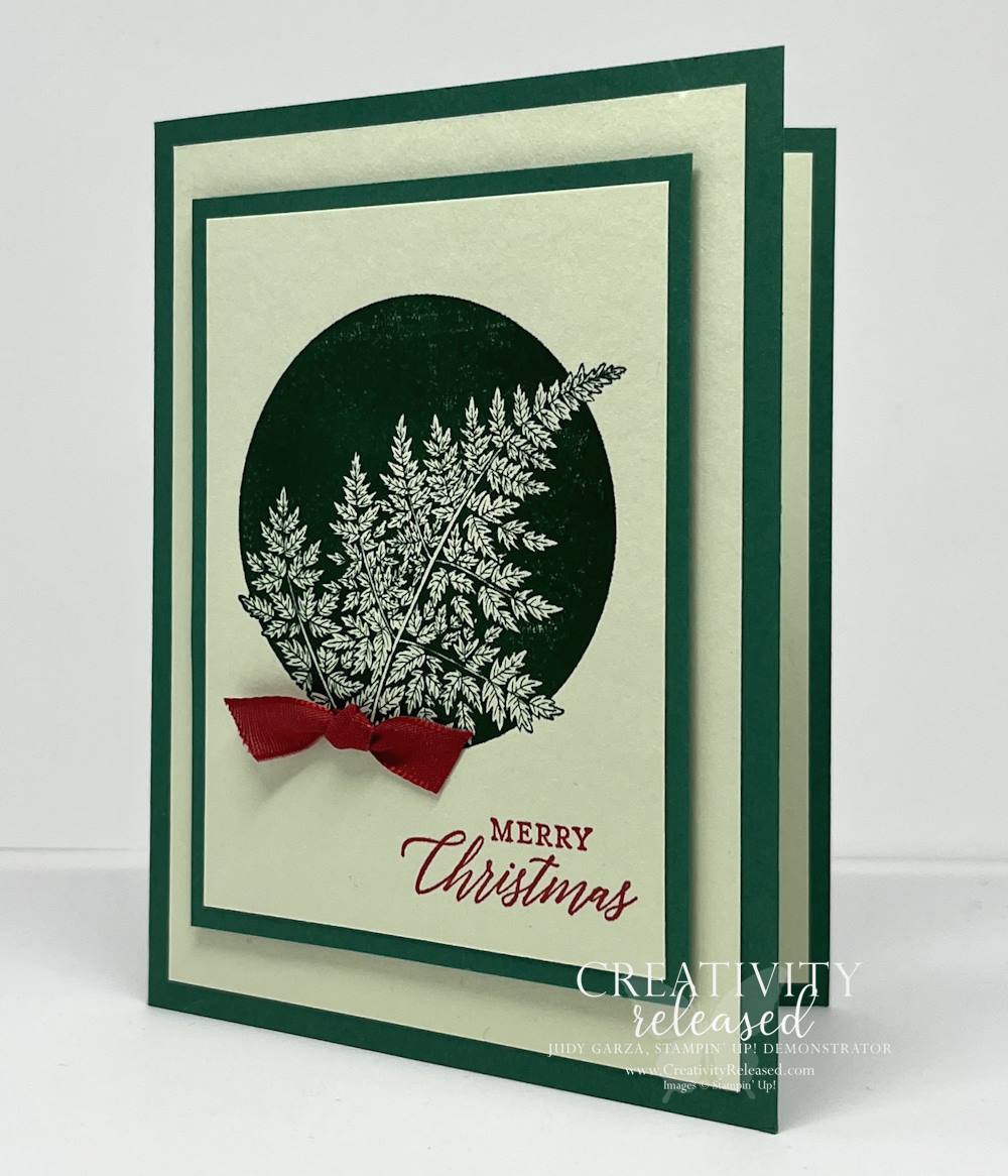 A side view of a dynamic duo of green in a Christmas greeting card made with Stampin' Up! Marvelous Nature stamp set. 
