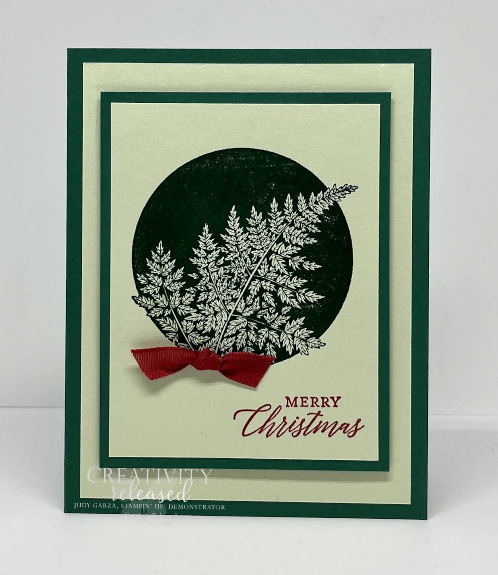 A dynamic duo of green in a Christmas greeting card made with Stampin' Up! Marvelous Nature stamp set.