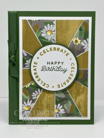 A birthday card in Garden Green and Wild Wheat using the Patchwork Pieces dies.
