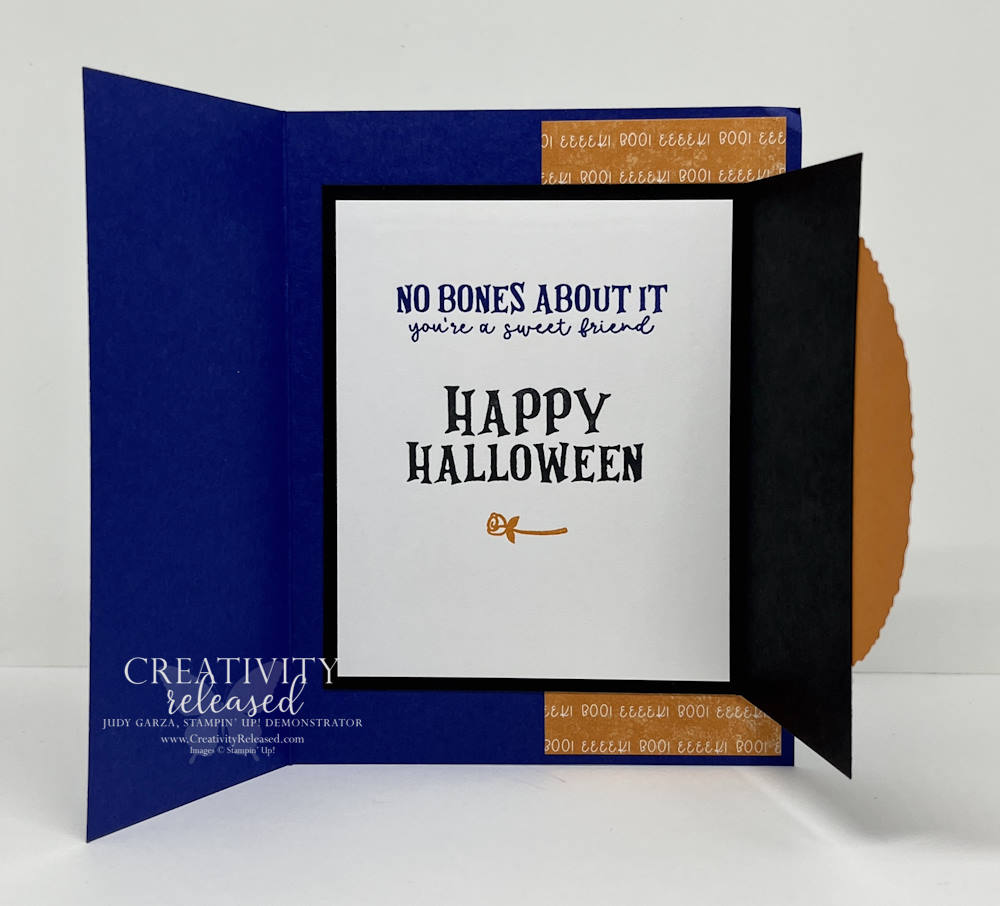 The inside view of a fun-fold Halloween card featuring a skeleton. 